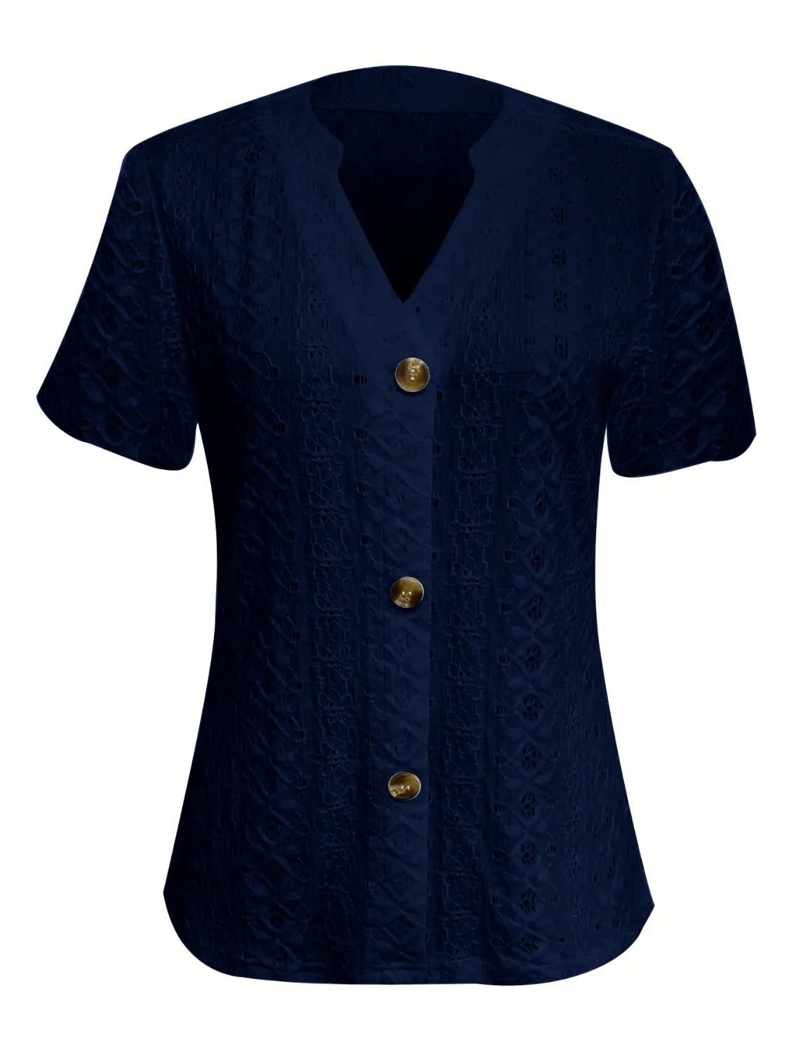 Openwork Notched Short Sleeve Top OutfitFlow