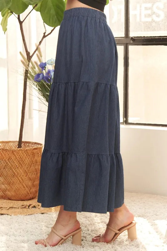 ADORA Waist Band Tiered Denim Maxi Skirt OutfitFlow