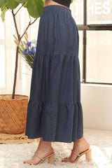 ADORA Waist Band Tiered Denim Maxi Skirt OutfitFlow