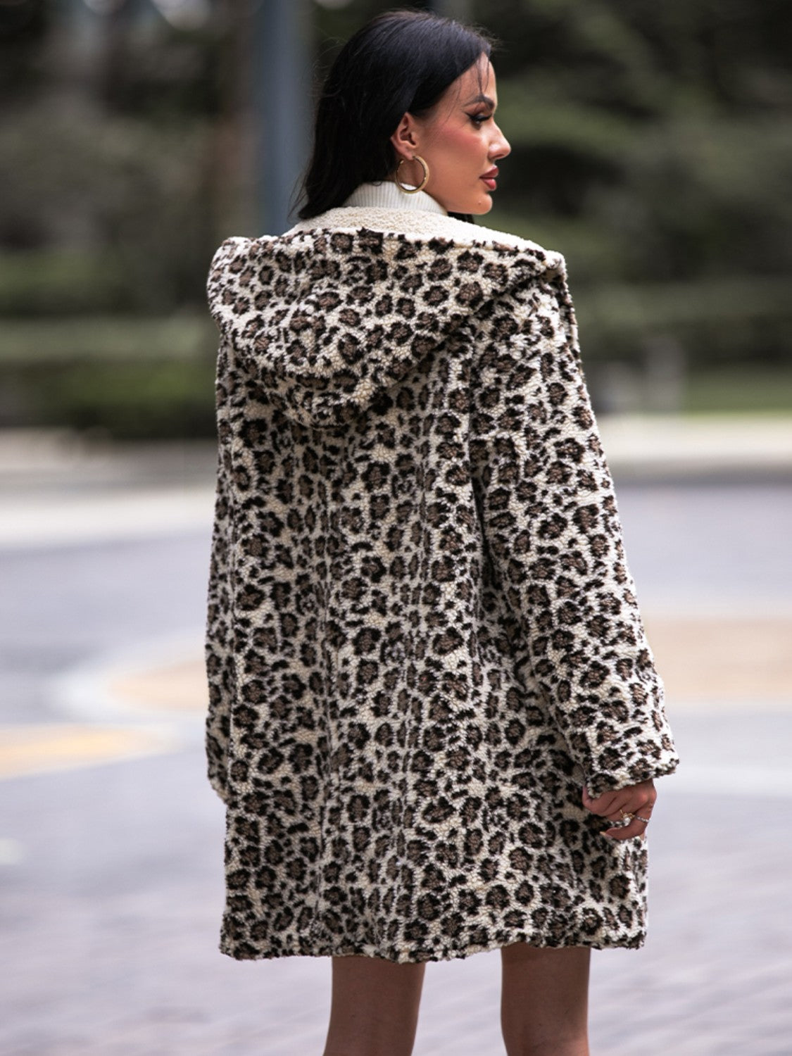 Shiny Leopard Hooded Coat with Pockets OutfitFlow