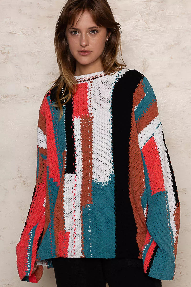 POL Color Block Round Neck Oversized Sweater OutfitFlow