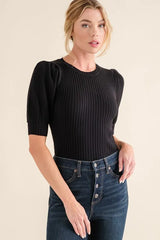 And The Why Puffed Half Sleeve Rib Basic Bodysuit OutfitFlow