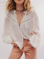 Lace Trim Balloon Sleeve Blouse White OutfitFlow