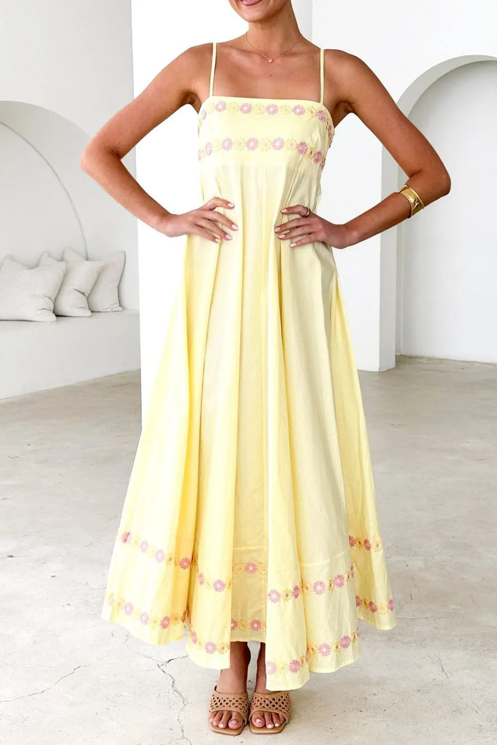 Floral Embroidered Spaghetti Strap Maxi Dress OutfitFlow
