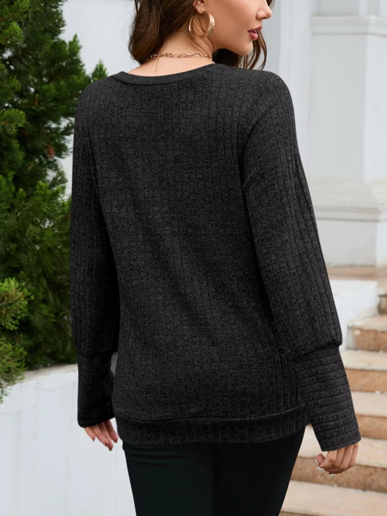 V-Neck Textured Knit Long Sleeve T-Shirt OutfitFlow