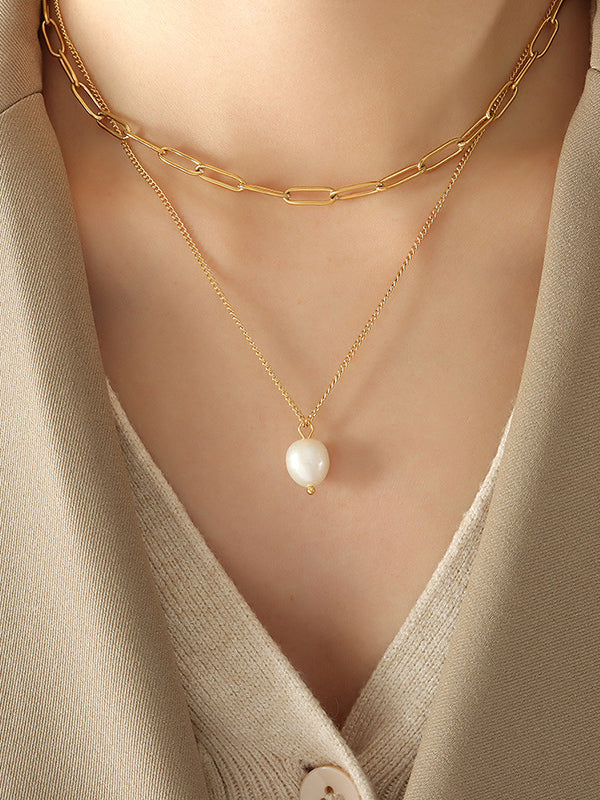 Outfit Flow - Freshwater Pearl Titanium Steel Double-Layered Necklace