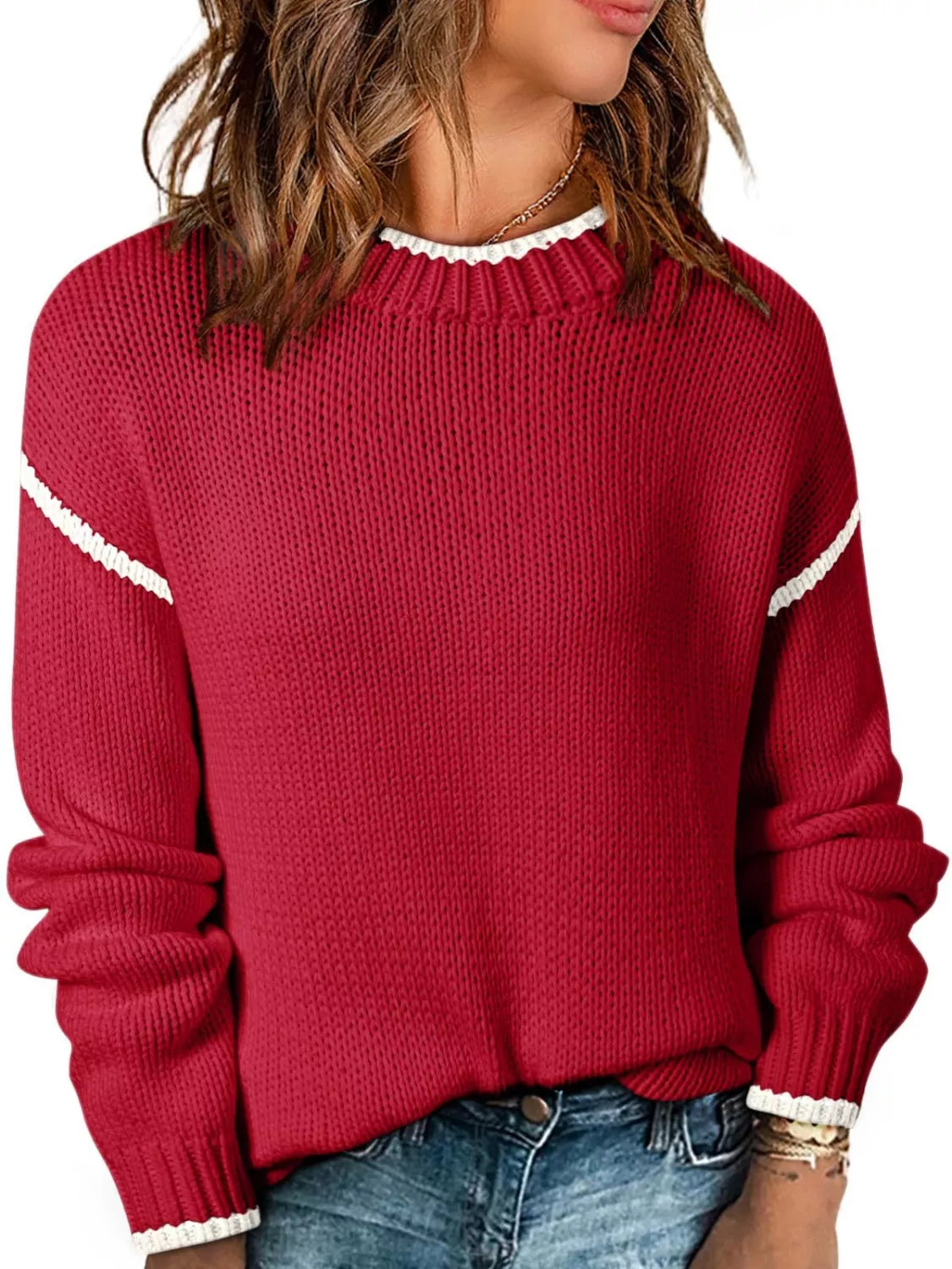 Contrast Trim Round Neck Sweater Deep Red OutfitFlow