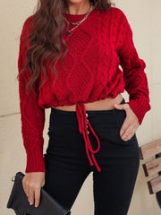 Outfit Flow - Honey Drawstring Hem Cable-Knit Round Neck Sweater