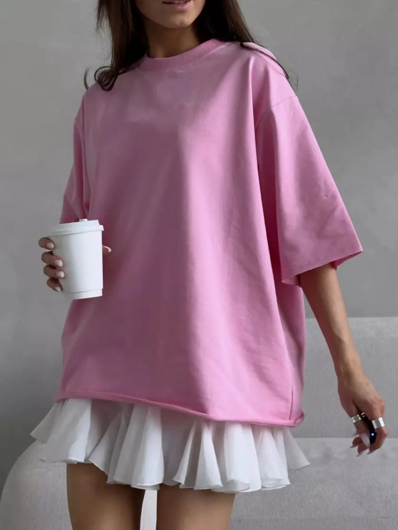 Round Neck Half Sleeve Oversized T-Shirt Pink OutfitFlow