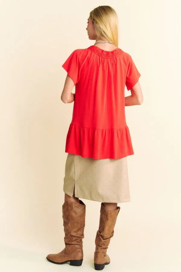 Davi & Dani Solid Lace Trim Neck Short Sleeve Peplum Top OutfitFlow