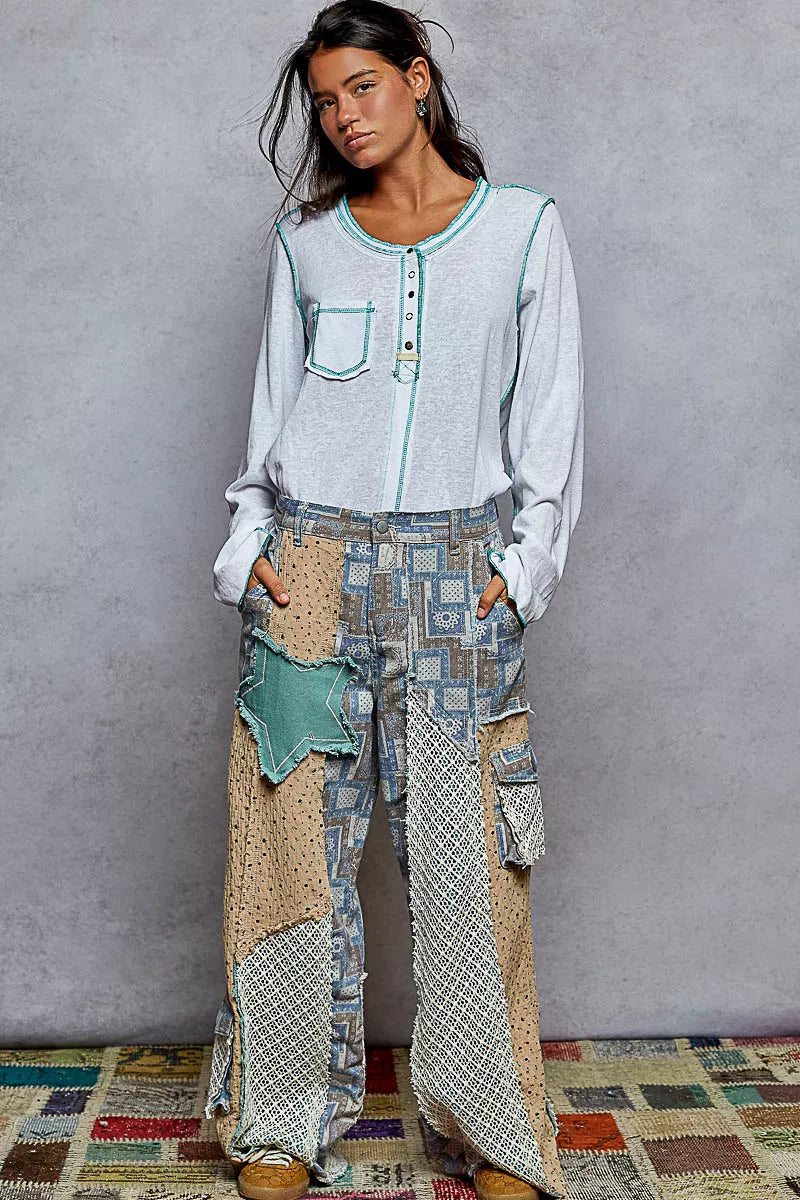POL Round Neck Long Sleeve Top with Contrast Stitching OutfitFlow
