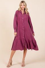 Mittoshop Mineral Wash Cotton Gauze Ruffle Midi Shirt Dress OutfitFlow