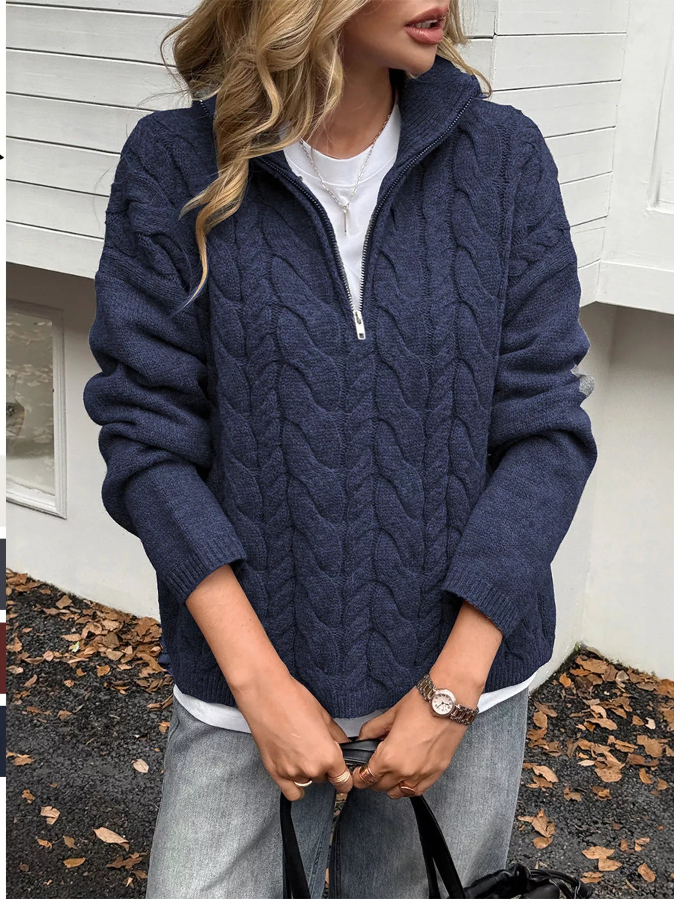 Zip Collar Cable-Knit Sweater Dark Blue OutfitFlow