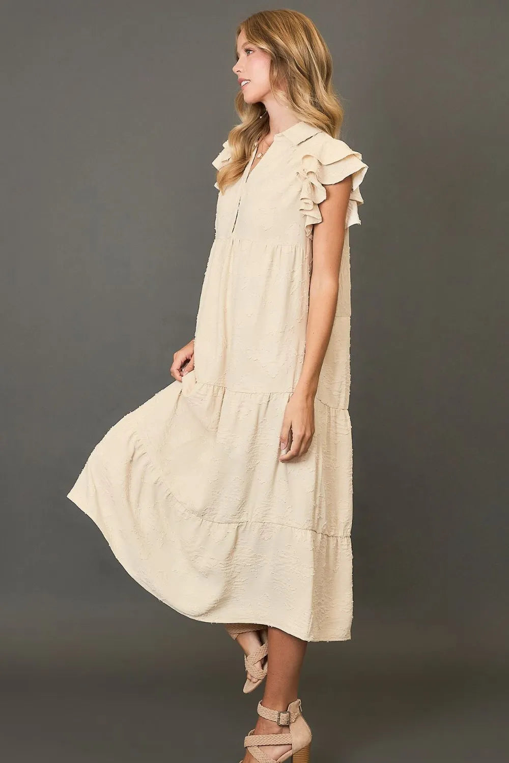 Umgee Full Size Tiered Floral Burnout Ruffle Sleeve Midi Dress Plus Size OutfitFlow