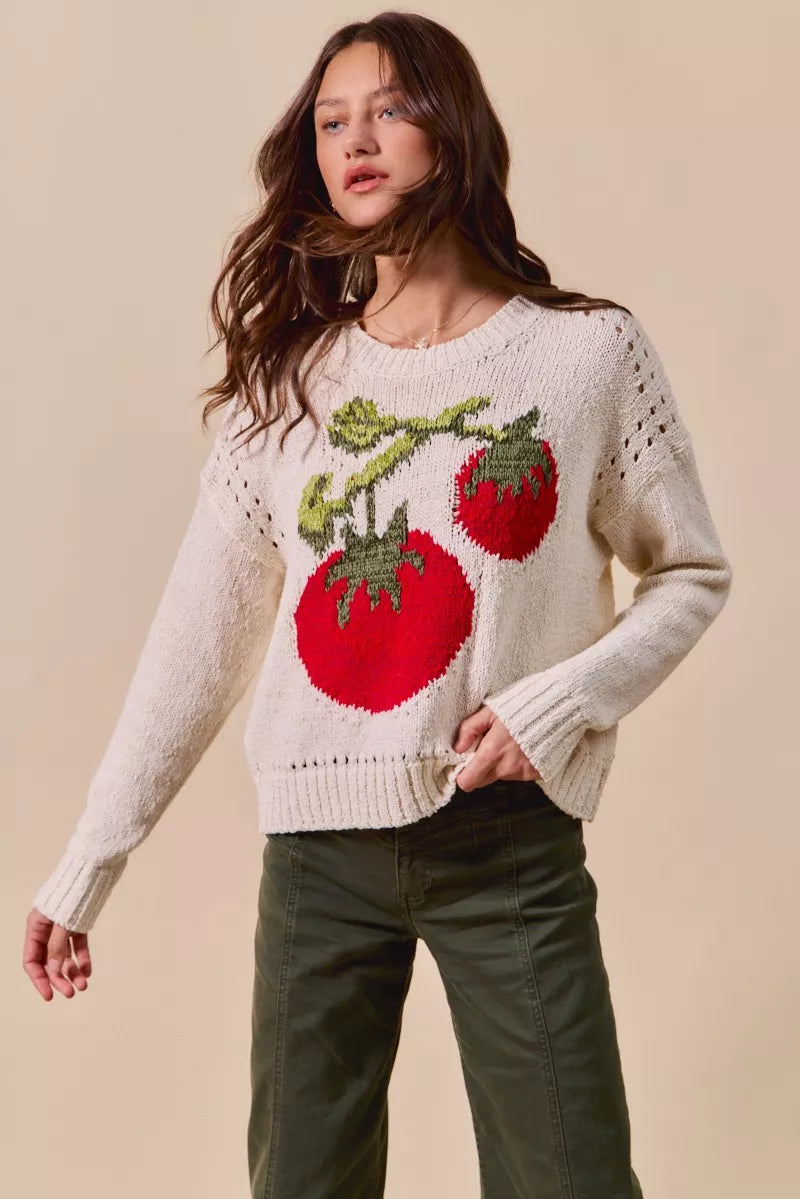 SO ME Vegetable Round Neck Long Sleeve Sweater OutfitFlow