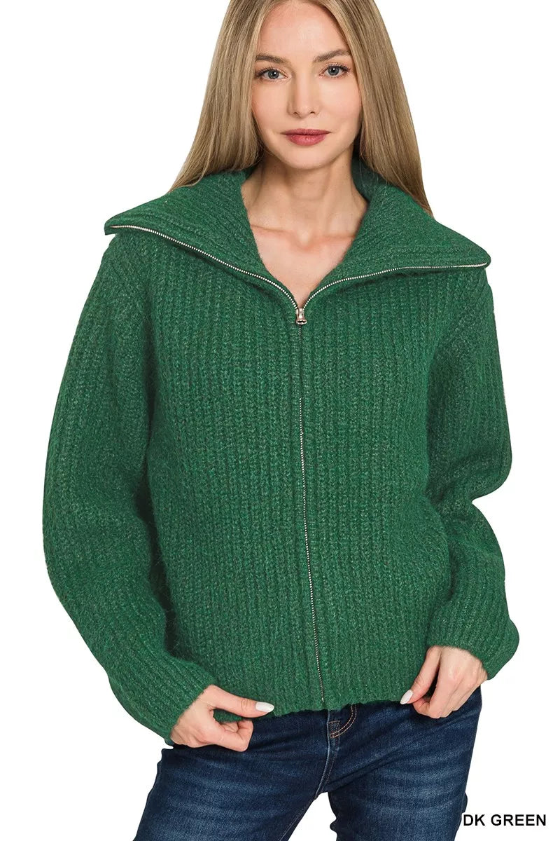Zenana High Neck Full Zip Sweater Cardigan DK GREEN OutfitFlow