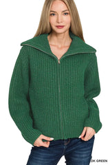 Zenana High Neck Full Zip Sweater Cardigan DK GREEN OutfitFlow