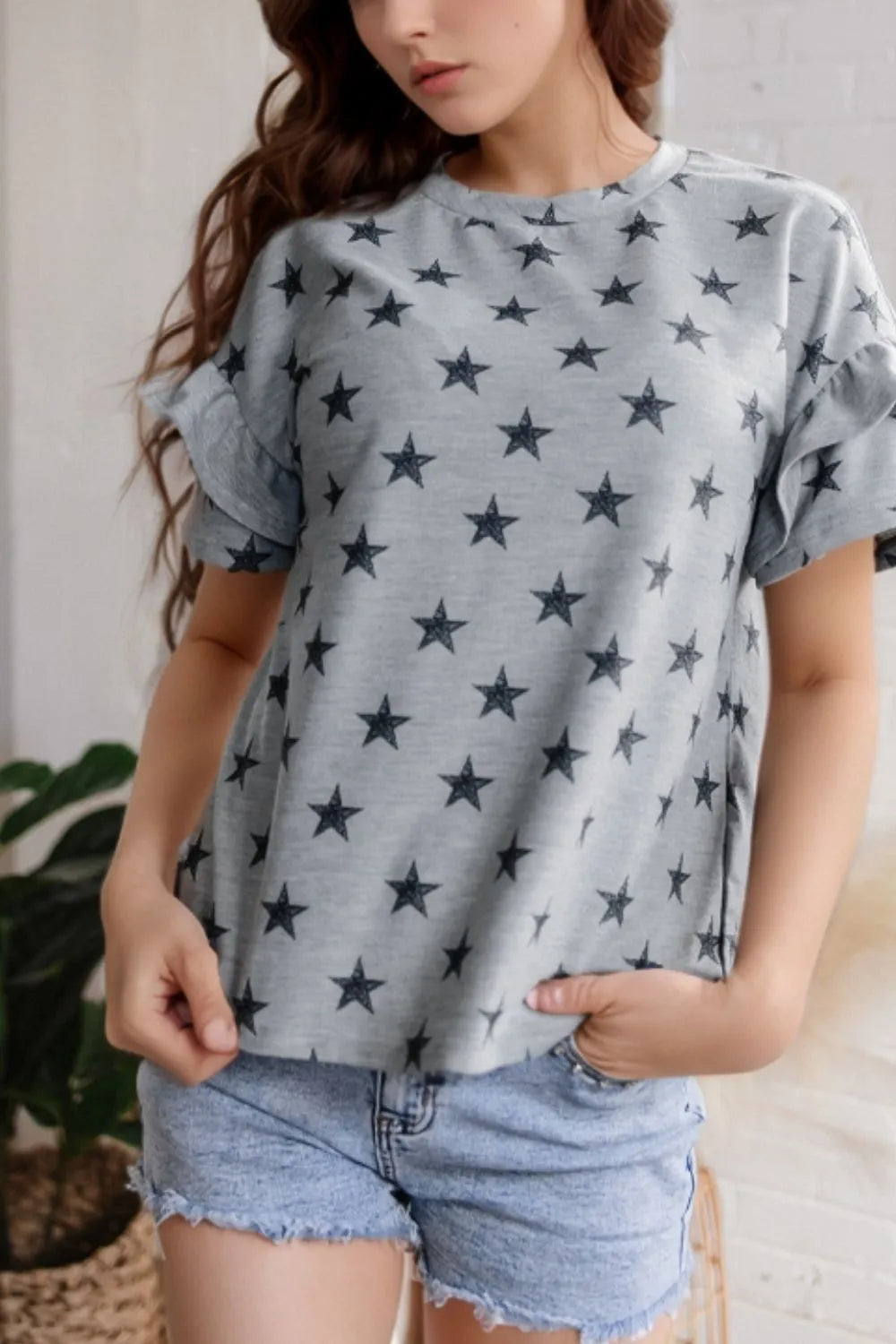 Star Print Tiered Ruffled Sleeve Crew Neck T Shirt OutfitFlow