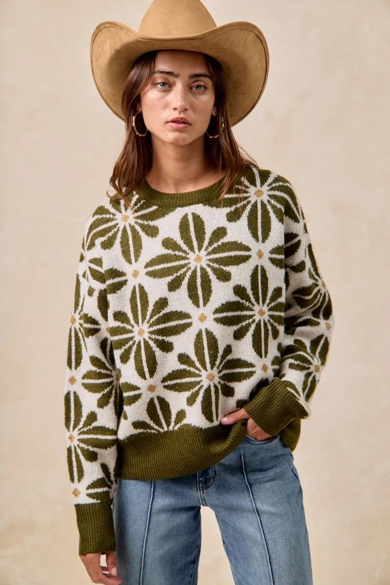 BiBi Flower Pattern Long Sleeve Sweater OutfitFlow