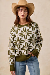 BiBi Flower Pattern Long Sleeve Sweater OutfitFlow