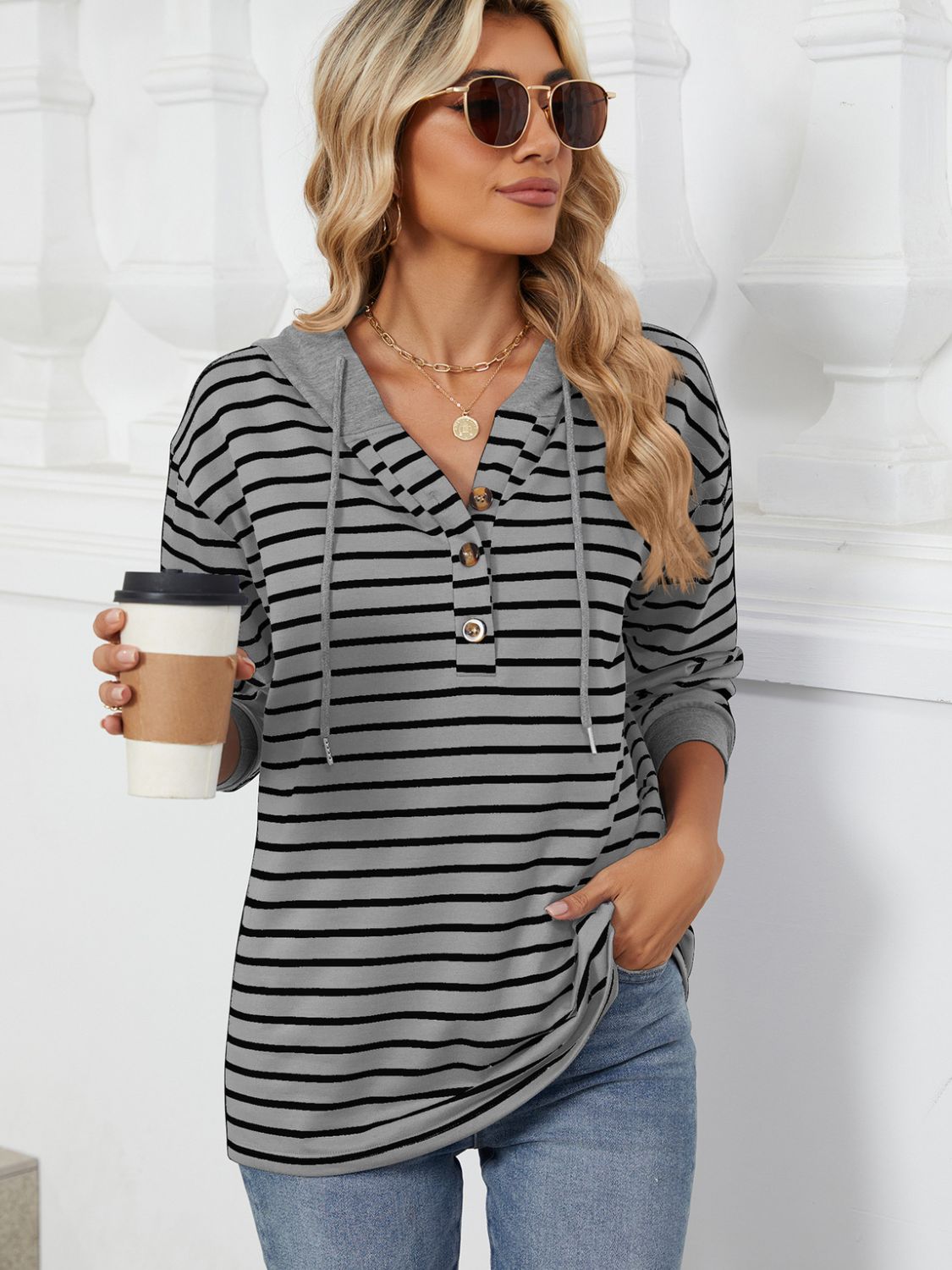 Outfit Flow - Drawstring Striped Long Sleeve Hoodie