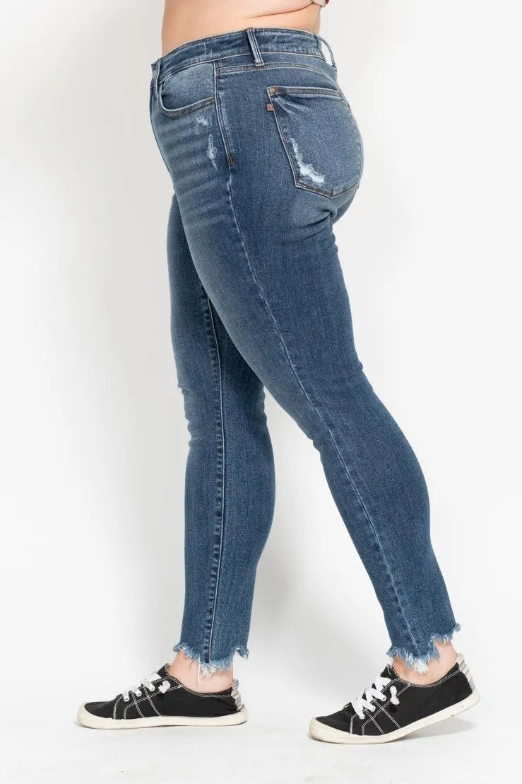 Judy Blue Plus Size High Waist Skinny with Destroy & Shark Bit Hem OutfitFlow