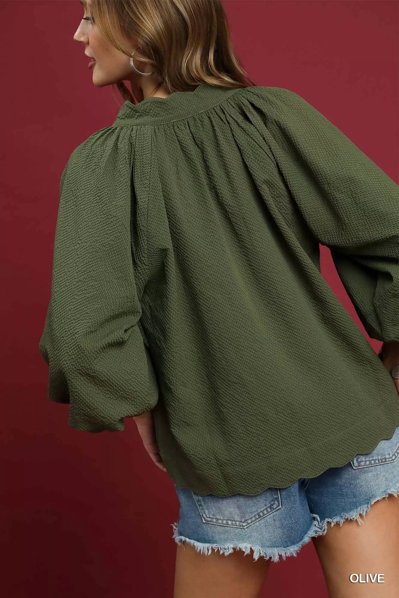 Umgee Full Size Textured Notched Balloon Sleeve Blouse Plus Size OutfitFlow