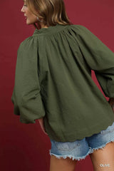 Umgee Full Size Textured Notched Balloon Sleeve Blouse Plus Size OutfitFlow