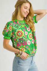 Umgee Retro Floral Puff Sleeve Top OutfitFlow