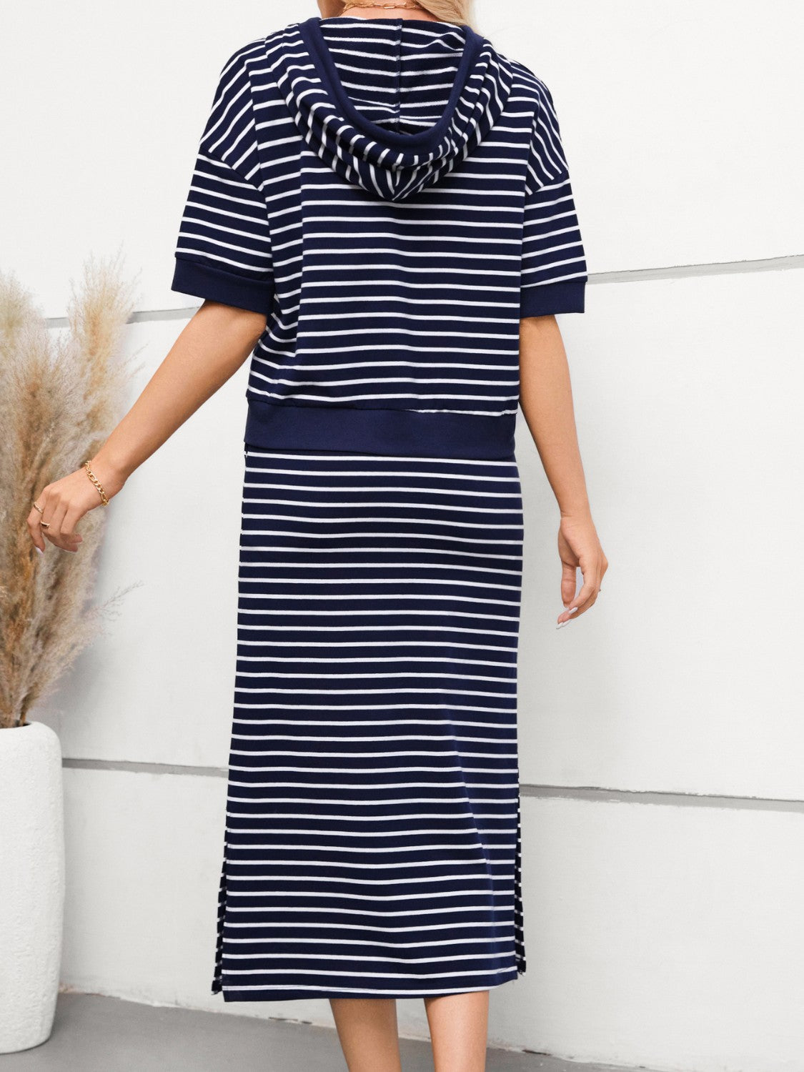 Outfit Flow - Drawstring Striped Short Sleeve Hooded Top and Skirt Set