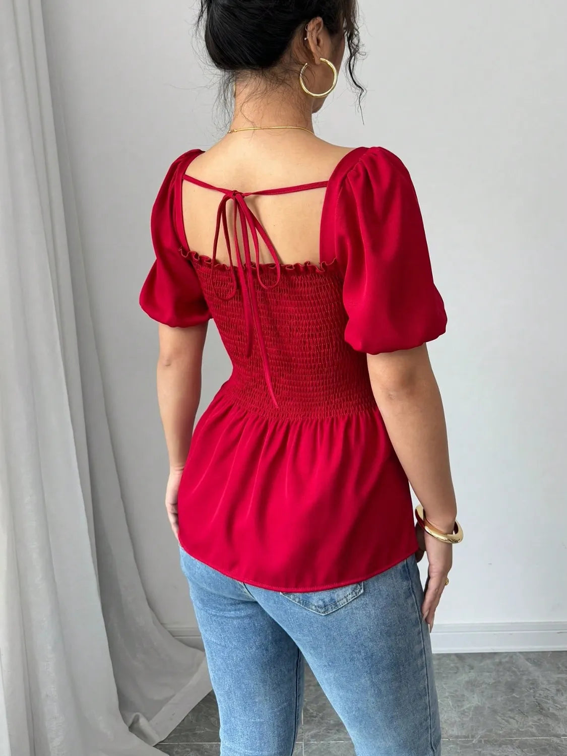 Slit Square Neck Short Sleeve Blouse OutfitFlow