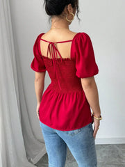 Slit Square Neck Short Sleeve Blouse OutfitFlow