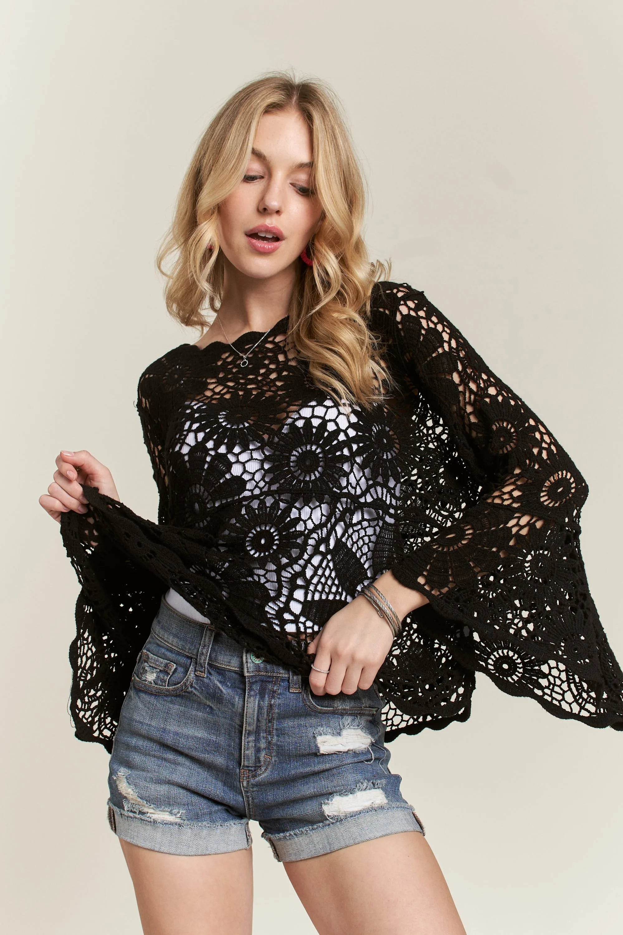 ADORA Bell Sleeve Crochet Top OutfitFlow