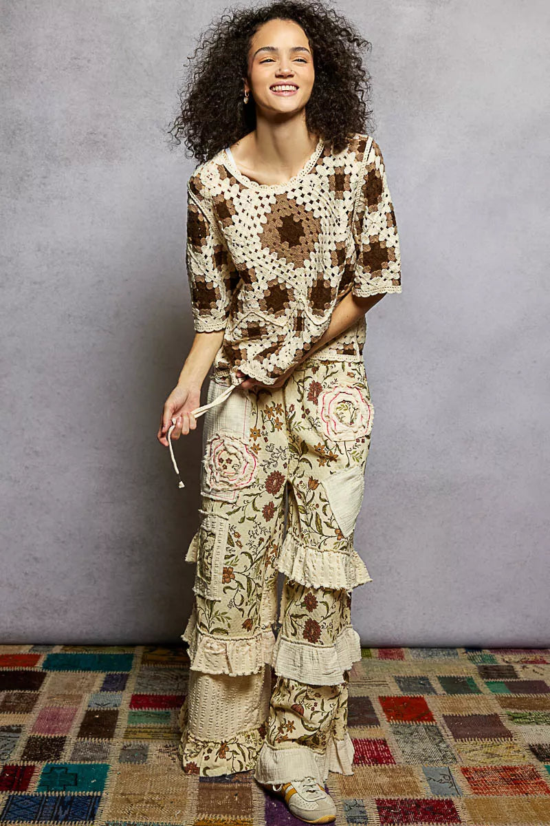 POL Round Neck Short Sleeve Color Pattern Crochet Top with Border Accents OutfitFlow