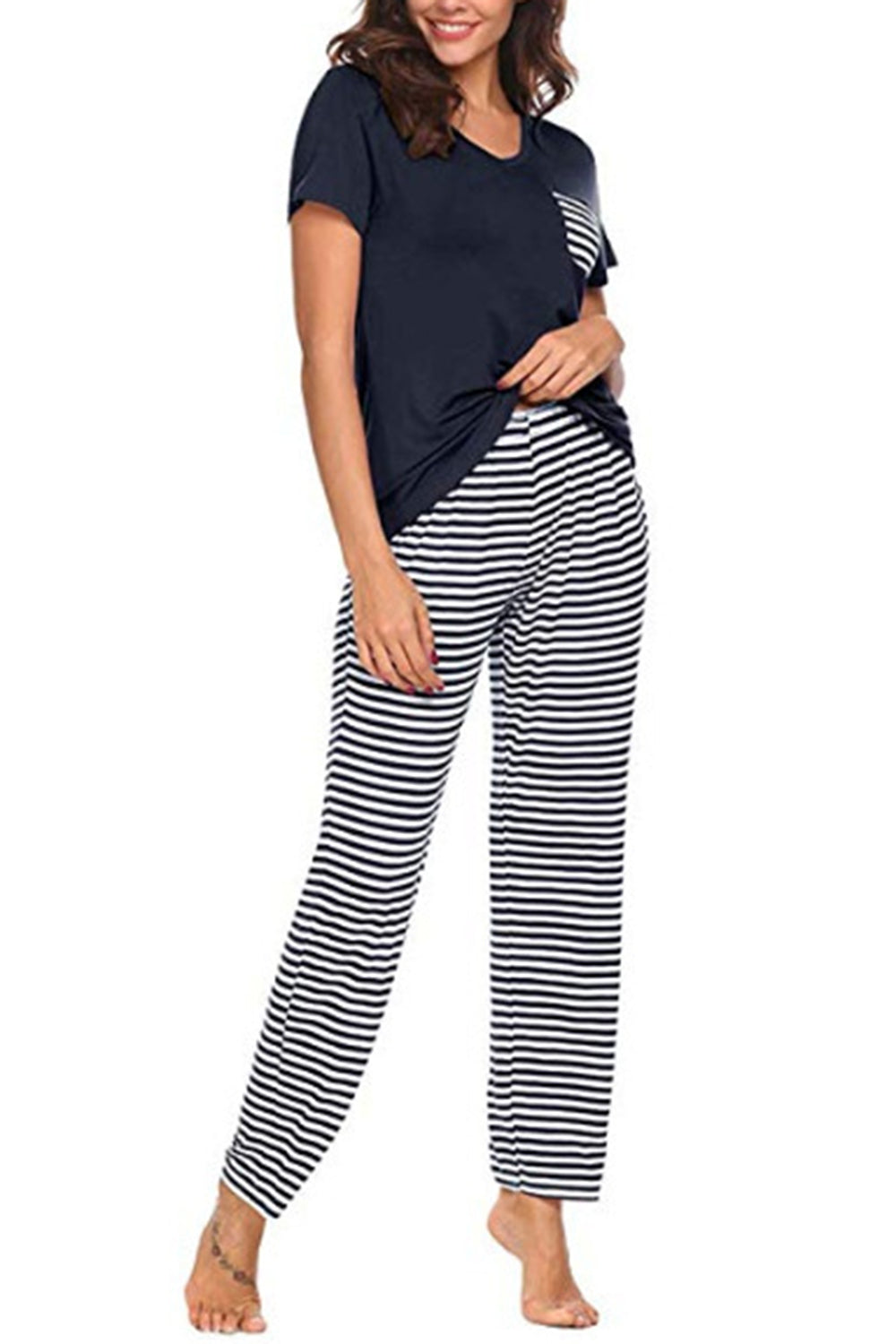 Outfit Flow - Pocketed Short Sleeve Top and Striped Pants Lounge Set