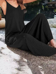 Ribbed V-Neck Wide Leg Jumpsuit OutfitFlow