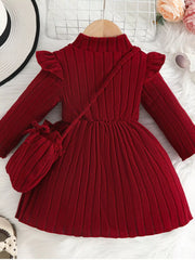 Children's Ribbed Knit Ruffle Trim Dress with Bag Trendsi