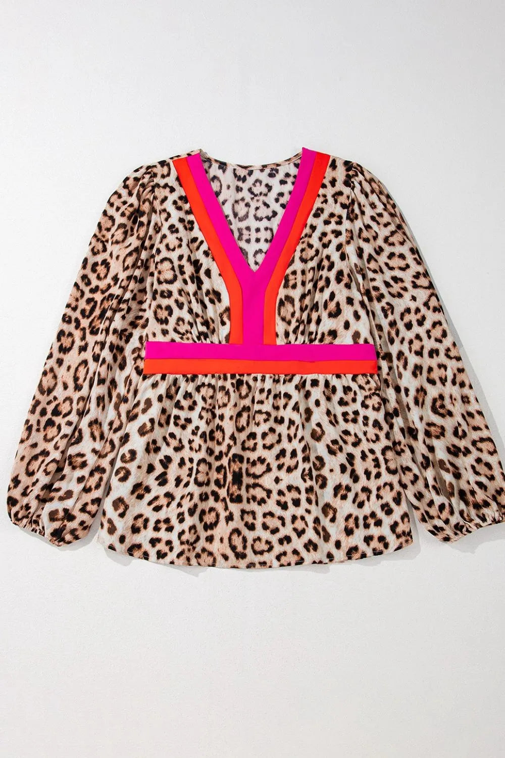Leopard Print V-Neck Blouse with Contrast Trim OutfitFlow