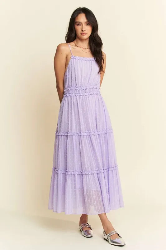 Davi & Dani Texture Swiss Dot Ruffle Square Neck Midi Dress Lavender OutfitFlow
