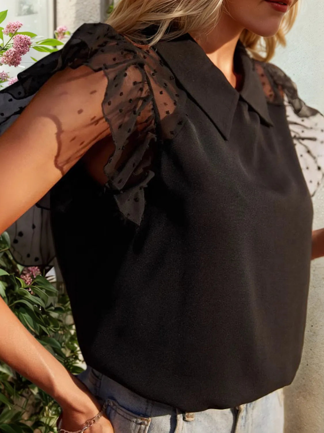 Collared Neck Cap Sleeve Top OutfitFlow