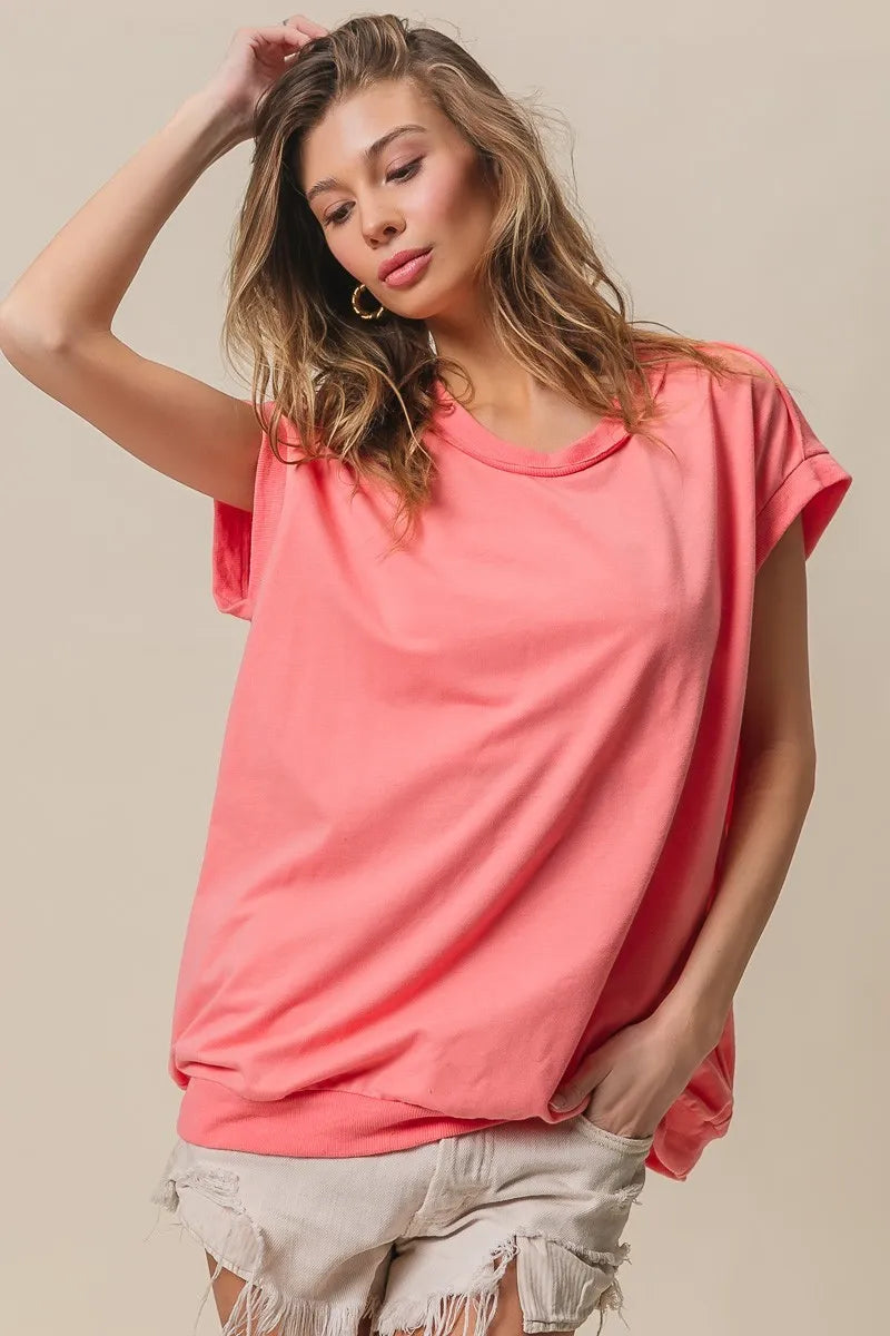 BiBi French Terry Drop Shoulder Basic Top OutfitFlow