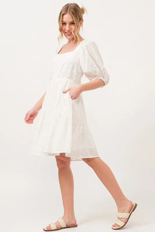 And The Why Square Neck Puff Sleeve Tiered Mini Dress OutfitFlow