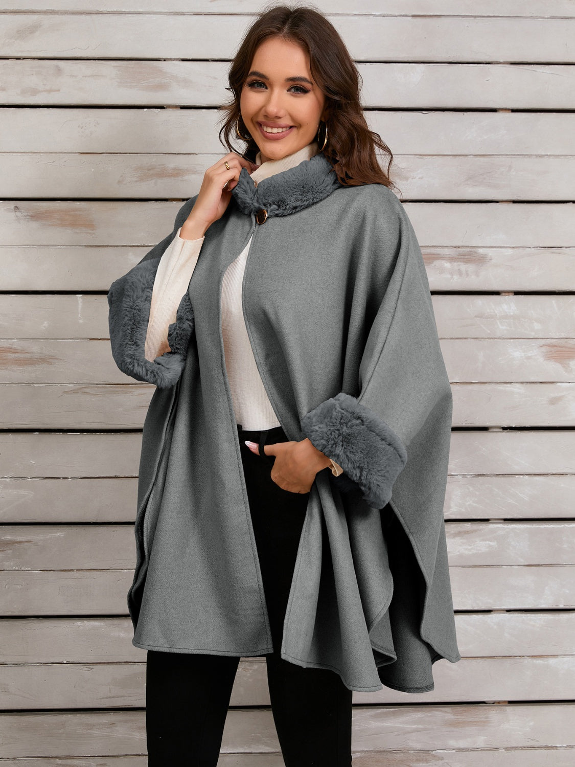 Outfit Flow - Fuzzy Trim Long Sleeve Poncho