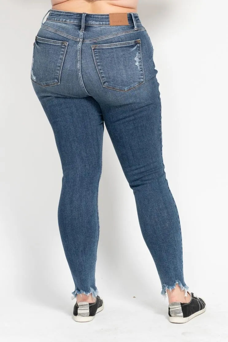 Judy Blue Plus Size High Waist Skinny with Destroy & Shark Bit Hem OutfitFlow