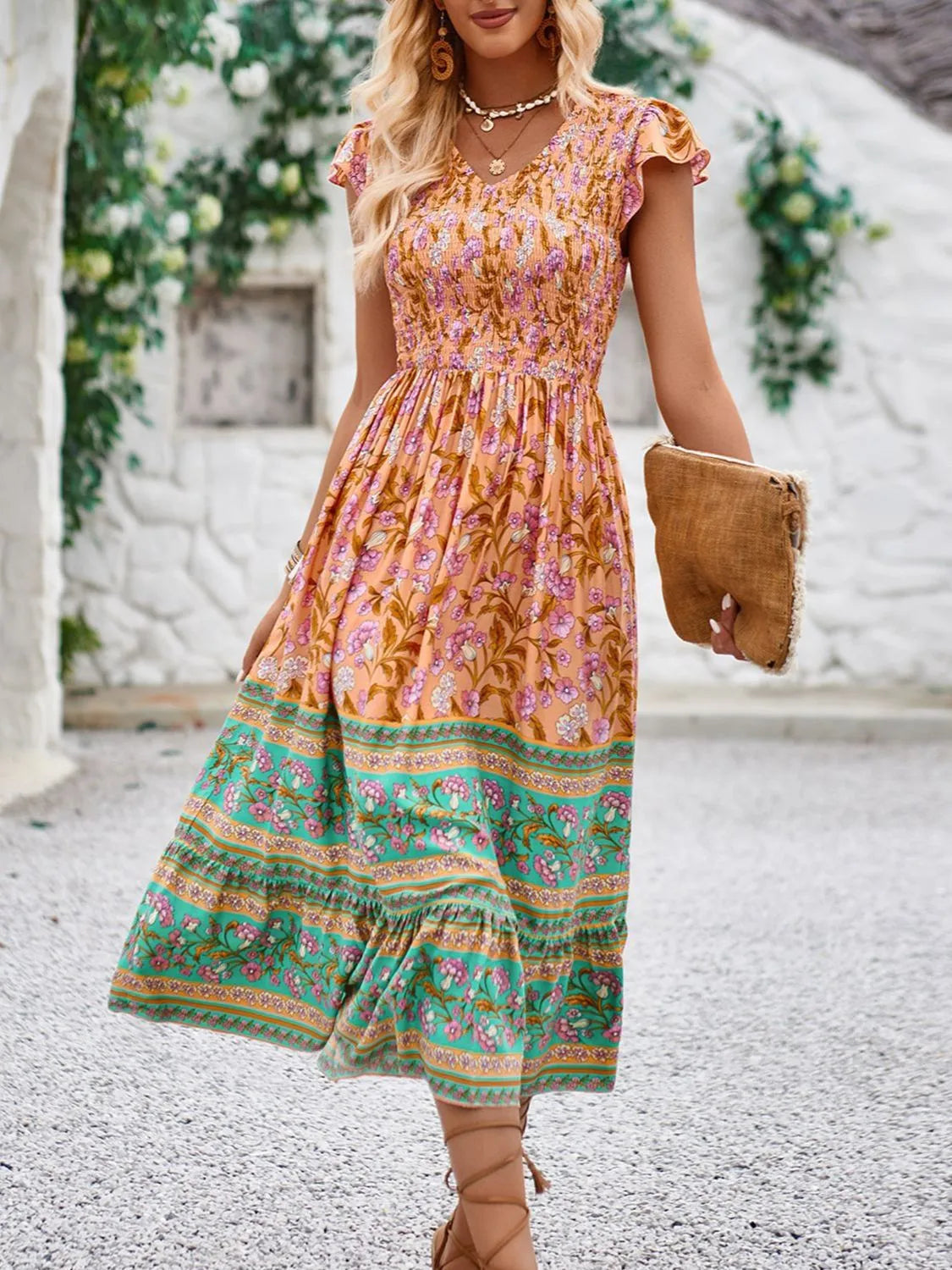 Printed Round Neck Cap Sleeve Dress Tangerine OutfitFlow