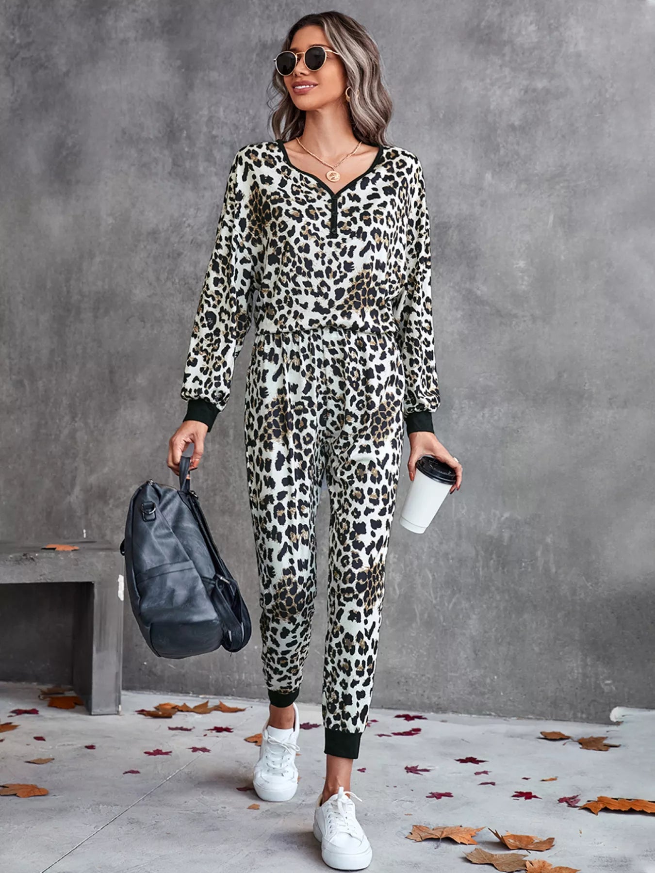 Leopard Long Sleeve Top and Pants Set OutfitFlow
