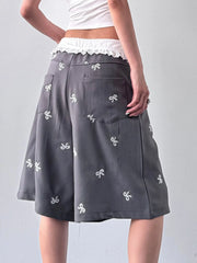 Bow Print Wide Leg Shorts with Contrast Ruffle Waistband OutfitFlow