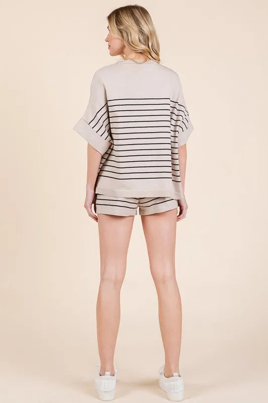 Lime 'N' Chili Striped Folded Half Sleeve Top and Shorts Set OutfitFlow