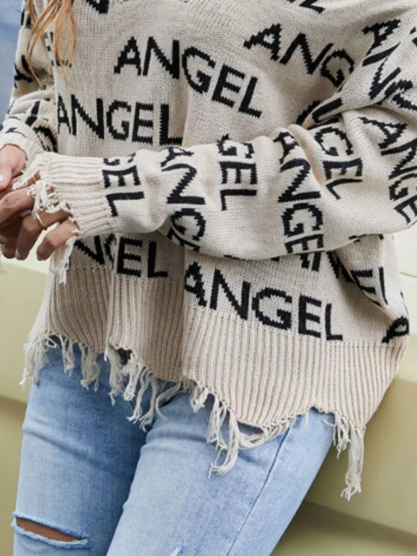 Frayed Hem Long Sleeve Sweater OutfitFlow