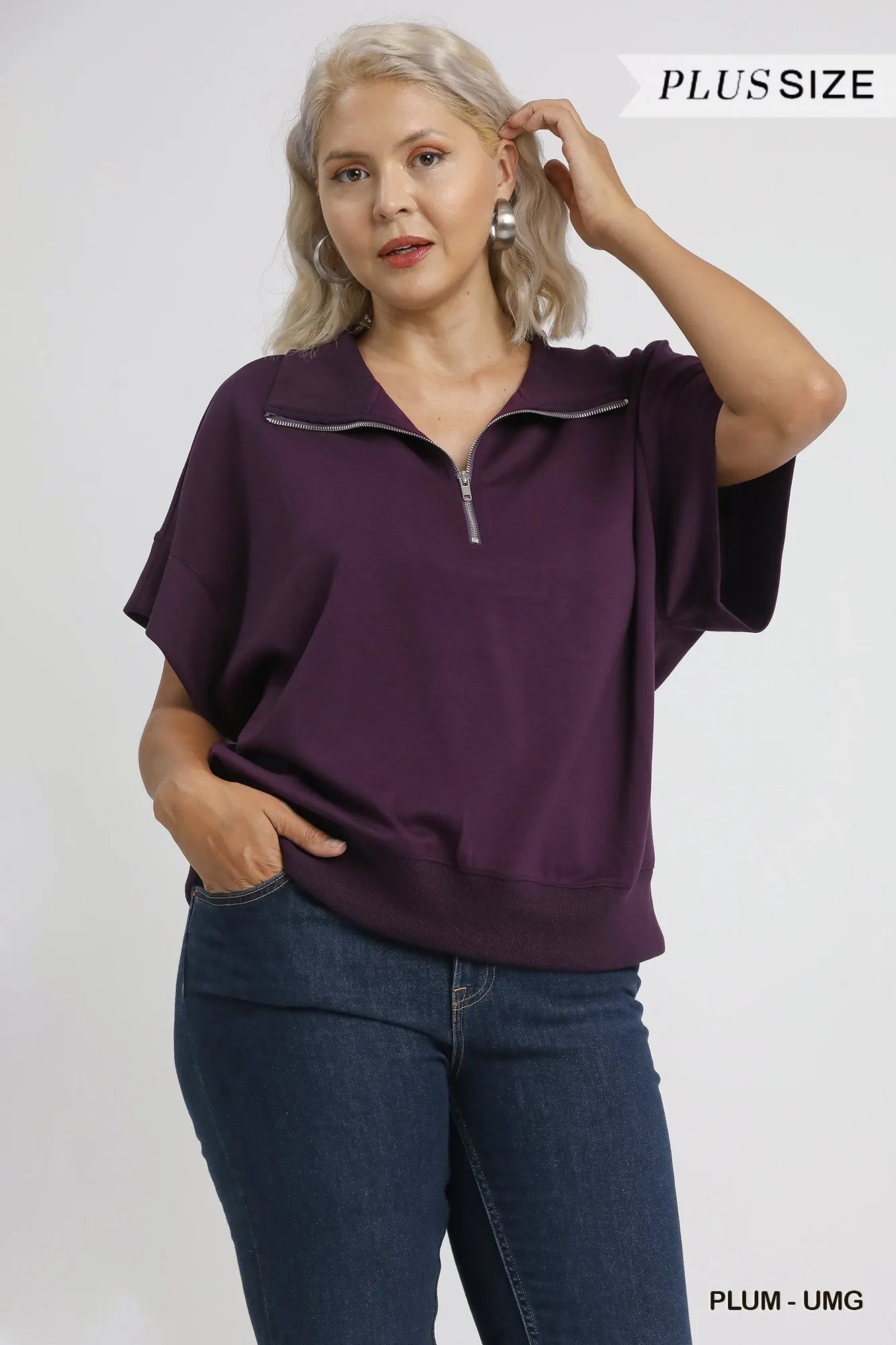 Umgee Full Size Half-Zip Short Sleeve Top Plus Size OutfitFlow